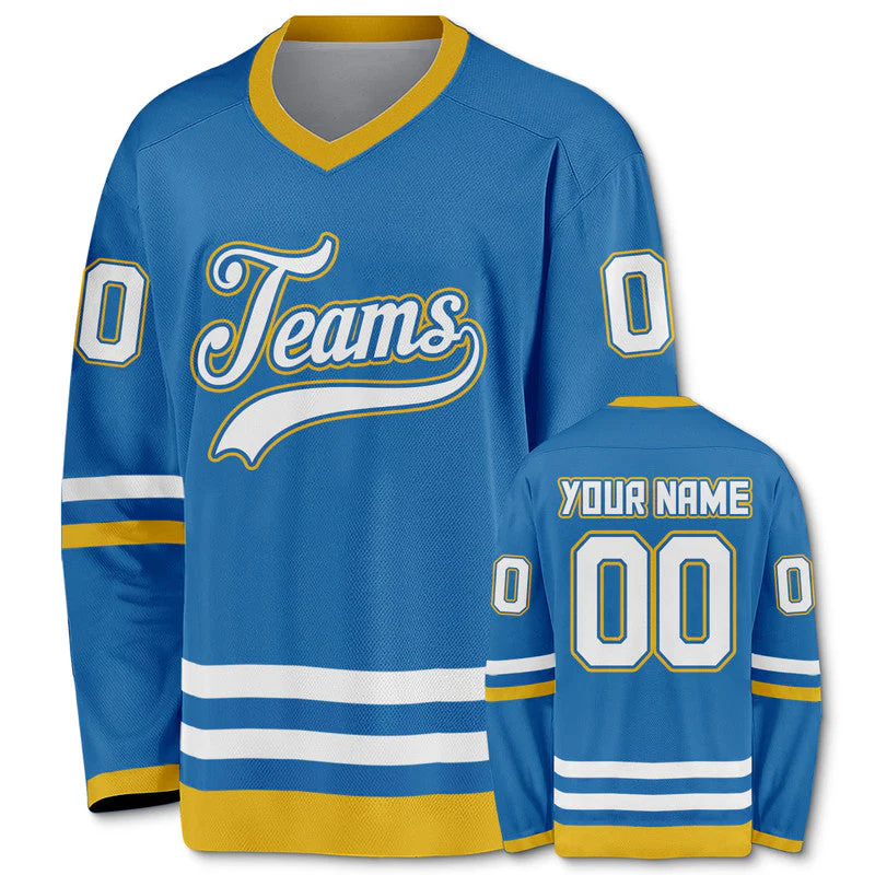Custom Blue White-Gold Authentic Hockey Jersey